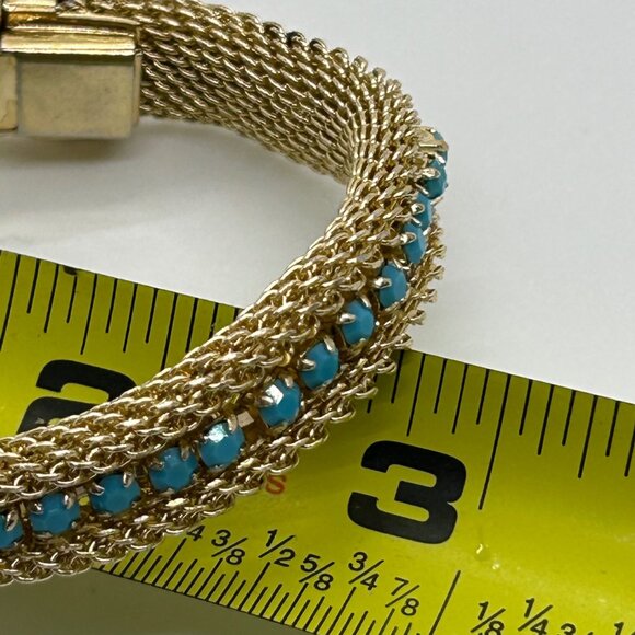 Vintage Gold-Tone Mesh Bracelet Faux Turquoise Stones Secure Clasp 1970s - Picture 16 of 16